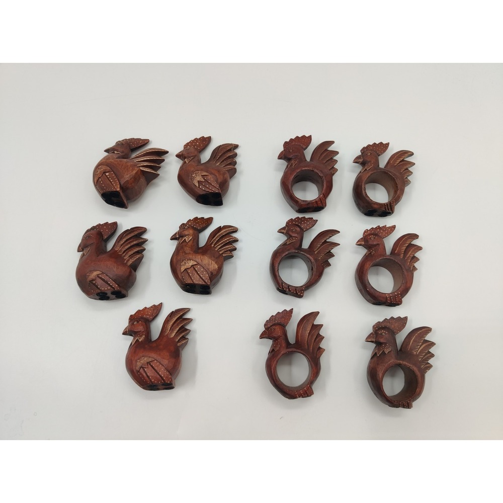 Vintage Hand-Carved Wood Rooster Napkin Rings Decorative Set 11pc Brown Farmhous
